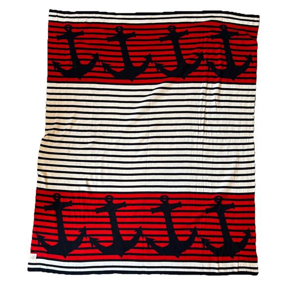 Nautical Throw Blanket 50x60 Knit Red White Blue Stripe Anchor Coastal Beach NEW - Picture 1 of 6